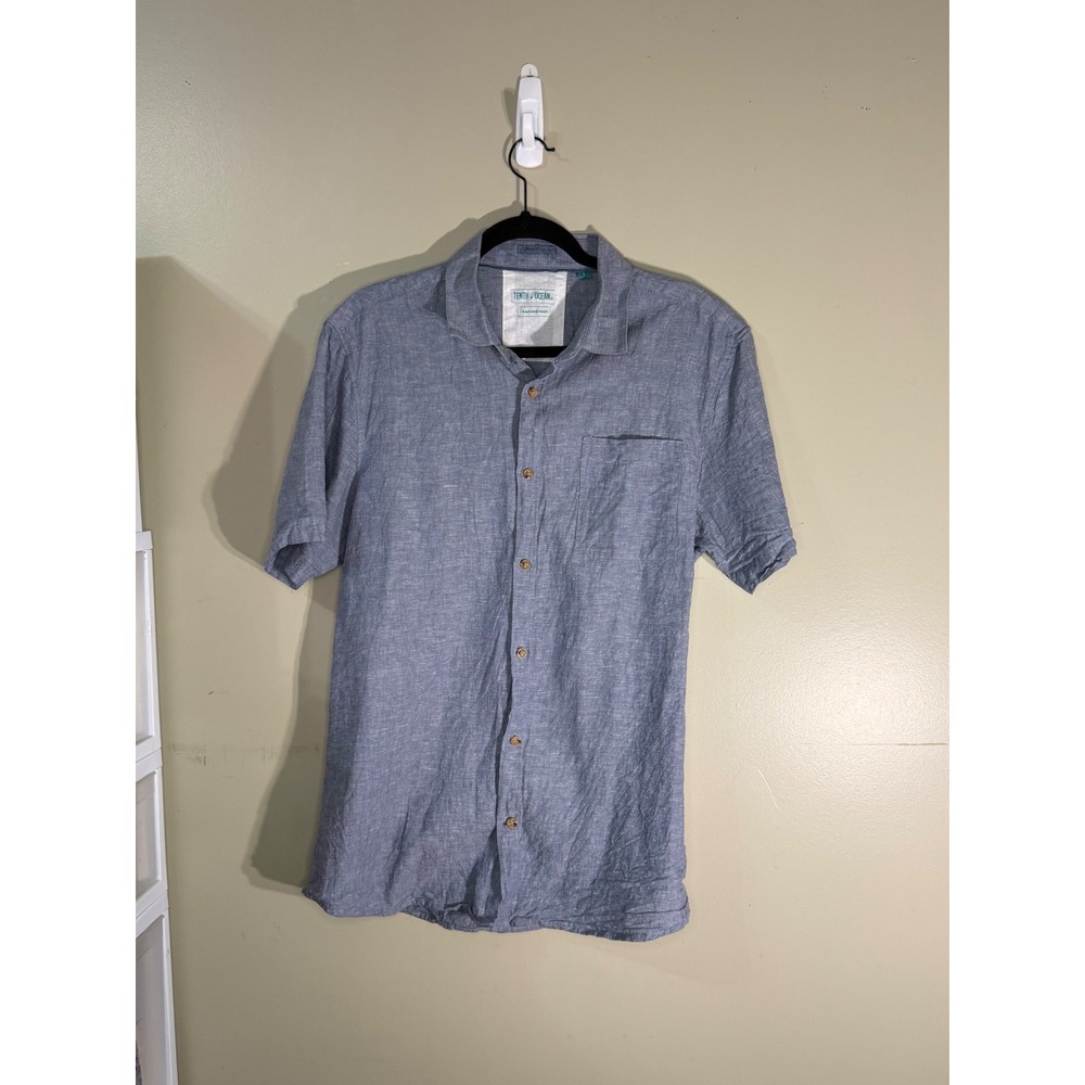 Tenth + Ocean Mens Large Blue Linen Cotton Short Sleeve Button Down Shirt